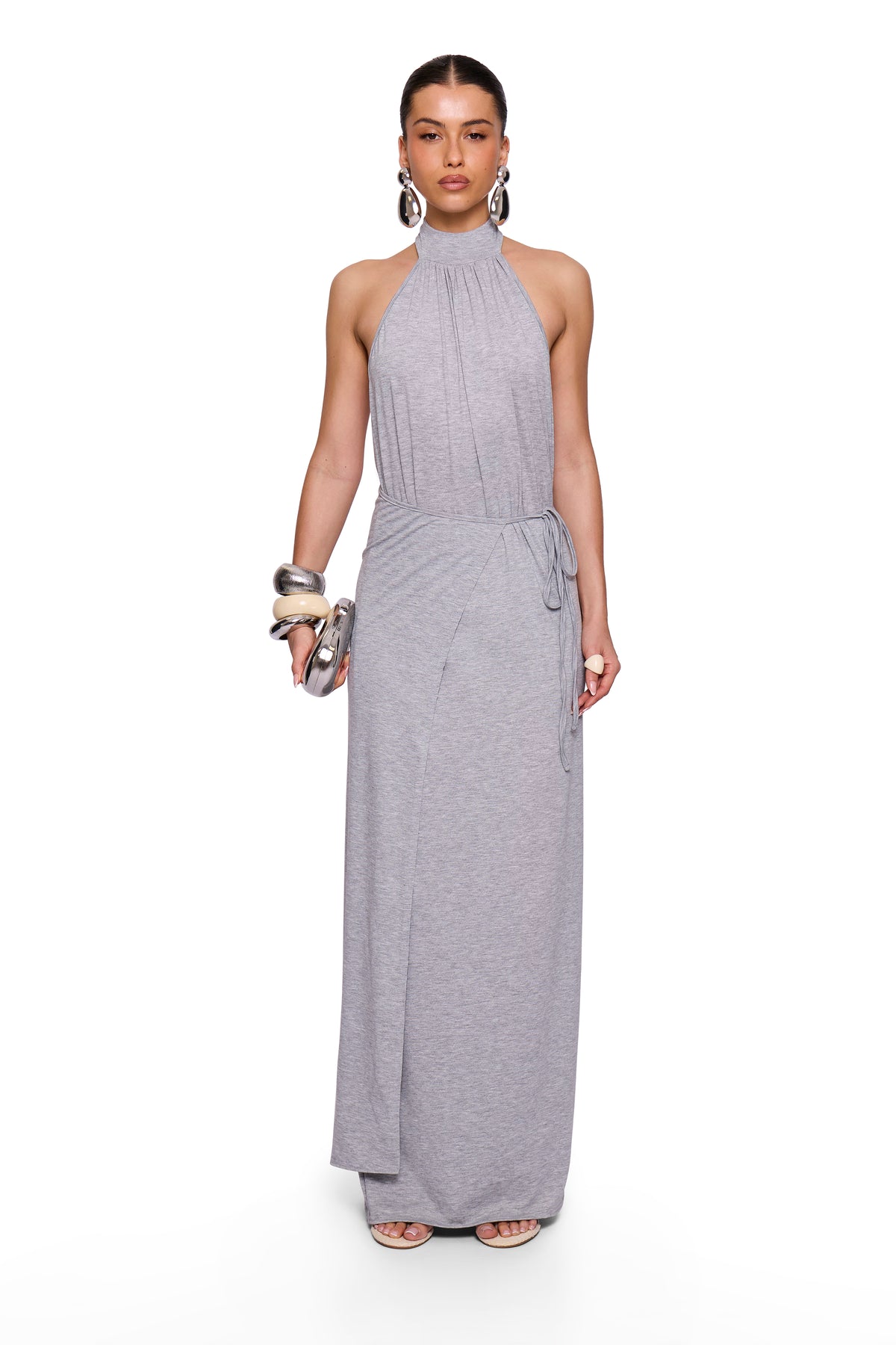 Grey Marl Tie Maxi Dress
