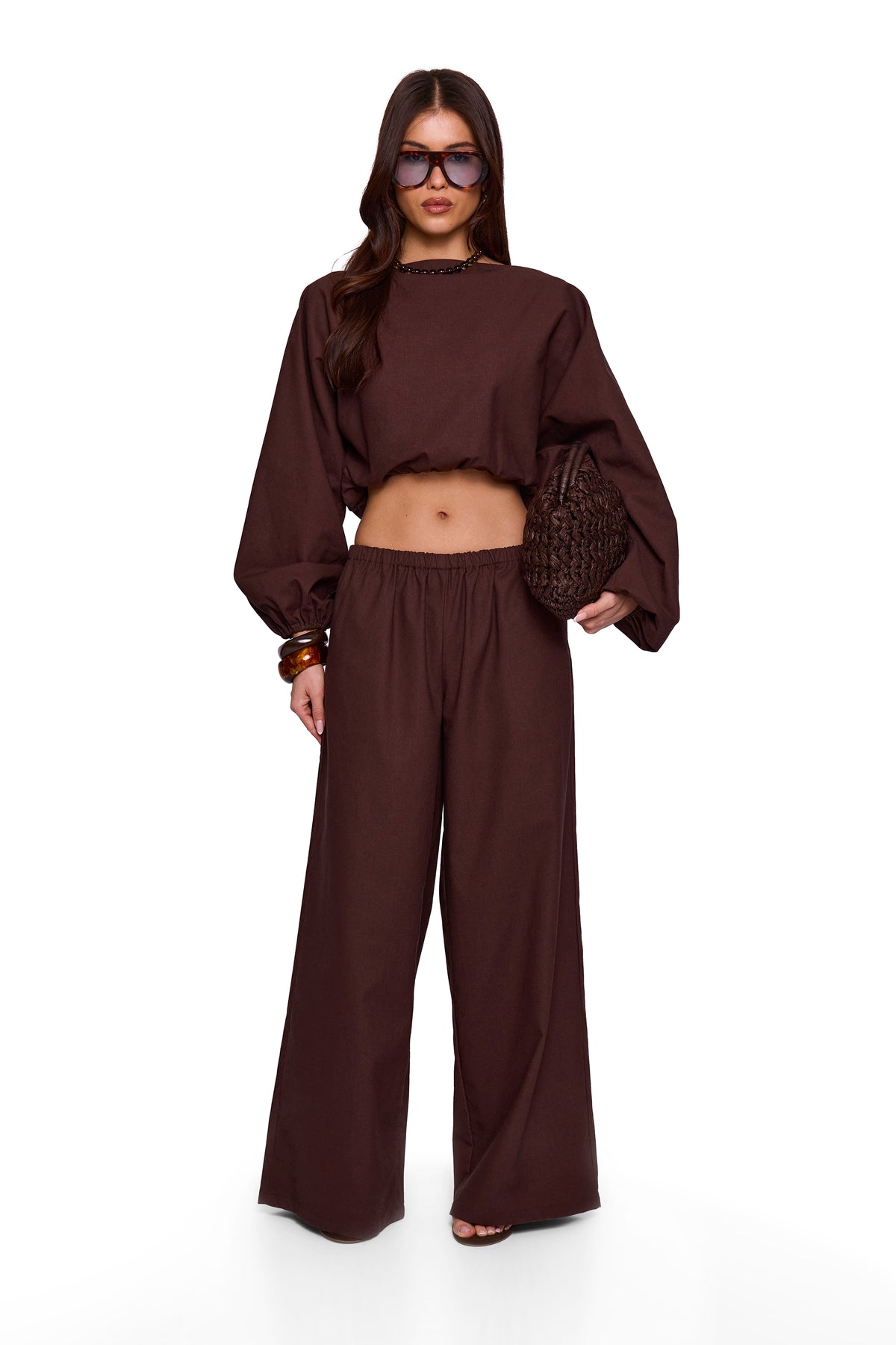 Brown Linen Blend Wide Trouser