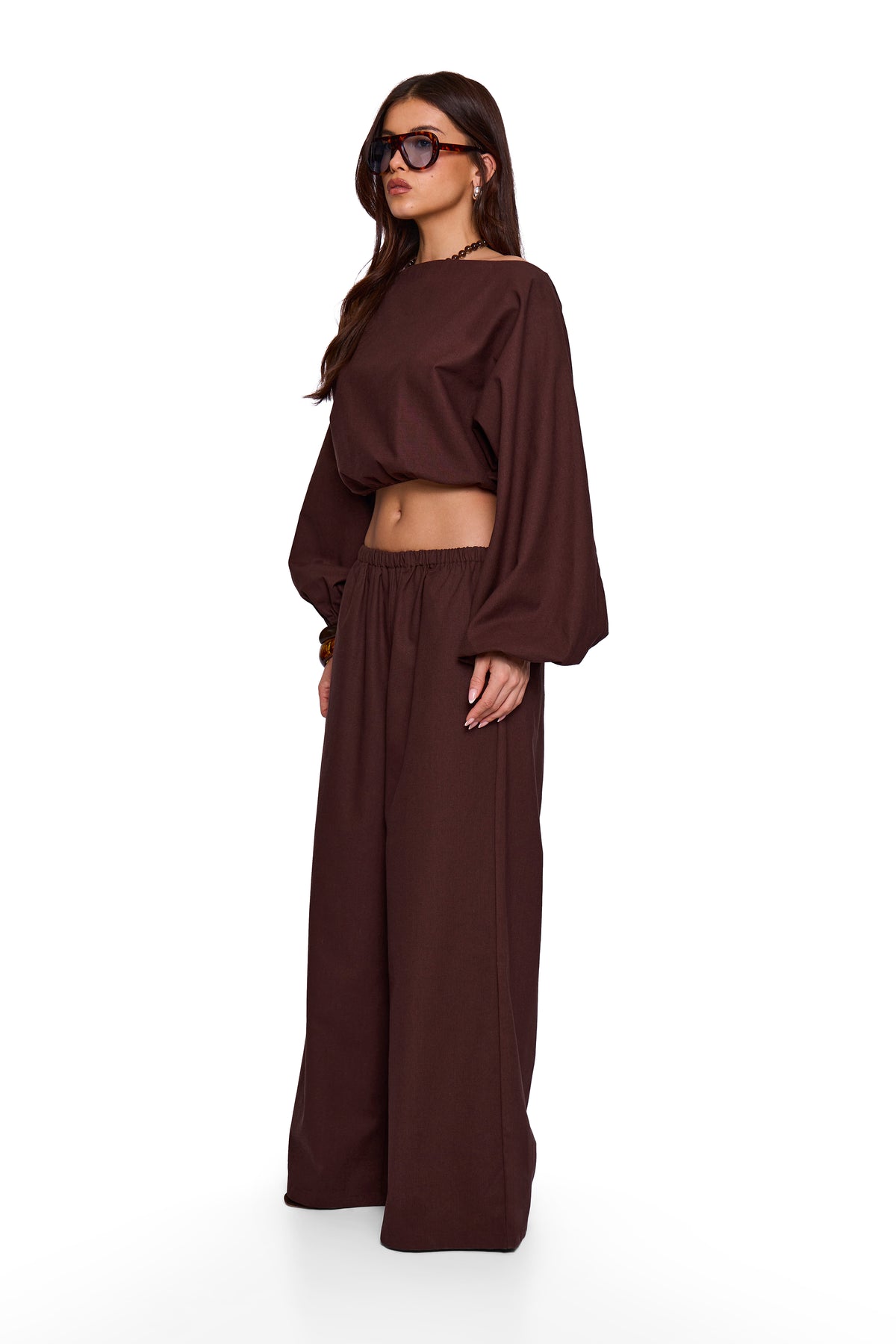 Brown Linen Blend Off Shoulder Top
